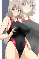 Rule 34 | 10s, 1girl, :/, bare arms, bare shoulders, black one-piece swimsuit, blush, breasts, closed mouth, collarbone, competition swimsuit, cowboy shot, female pubic hair, girls und panzer, gluteal fold, grey hair, hand up, hifumi hajime, highleg, highleg swimsuit, highres, itsumi erika, large breasts, long hair, nose blush, one-piece swimsuit, pubic hair, raised eyebrows, shiny skin, solo, standing, swimsuit, tsurime, two-tone background
