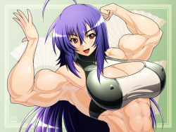 Rule 34 | 10s, 1girl, 2012, :d, abs, ahoge, armpits, arms up, artist name, bare shoulders, biceps, blush, breasts, cleavage, cleavage cutout, clenched hand, clothing cutout, crop top, dated, female focus, flexing, green background, hair between eyes, hand fan, impossible clothes, kurokami medaka, large breasts, long hair, looking at viewer, medaka box, muscular, open hand, open mouth, paper fan, purple hair, red eyes, ren (tainca2000), shiny skin, smile, solo, turtleneck, upper body