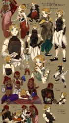 Rule 34 | 2boys, 5girls, ^ ^, alternate universe, arms at sides, back, bad id, bad pixiv id, big nose, bob cut, brown background, chalice, closed eyes, covered mouth, cup, dark-skinned male, dark skin, drinking glass, drunk, frown, ganondorf, gerudo, hair bun, hair over one eye, hand on another&#039;s head, hand on own hip, headpat, highres, holding, holding sword, holding weapon, hood, hooded coat, jewelry, link, long hair, makeup, multiple boys, multiple girls, multiple views, nabooru, nintendo, one eye covered, parted bangs, plantar flexion, pointy nose, red hair, single side bun, sitting, skin tight, standing, strapless, sword, the legend of zelda, the legend of zelda: ocarina of time, tobacco (tabakokobata), translation request, tube top, very long hair, weapon, wine glass, young link