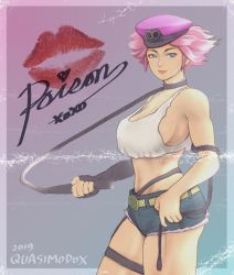 Rule 34 | 1girl, black choker, black gloves, blue eyes, blue shorts, breasts, character signature, choker, crop top, cutoffs, denim, denim shorts, elbow gloves, eyeshadow, final fight, fingerless gloves, gloves, hat, holding, holding weapon, holding whip, large breasts, legwear garter, lipstick mark, makeup, mole, mole on breast, no bra, peaked cap, photo (object), pink eyeshadow, poison (final fight), purple hat, quasimodox, short hair, shorts, sideboob, single elbow glove, single fingerless glove, single legwear garter, solo, standing, strap gap, street fighter, street fighter v, thighs, weapon, whip