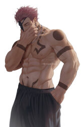 Rule 34 | 1boy, abs, arm tattoo, bara, black shorts, chain, chain necklace, chest tattoo, colored skin, cowboy shot, earrings, facial tattoo, half-closed eyes, innaillus, jewelry, jujutsu kaisen, looking ahead, male focus, male pubic hair, mask, mature male, muscular, muscular male, naughty face, navel, navel hair, neck tattoo, necklace, nipples, pants, pectorals, pink hair, pubic hair, red eyes, ryoumen sukuna (jujutsu kaisen), shorts, shoulder tattoo, simple background, solo, stomach tattoo, stud earrings, tattoo, veins, white background, white skin