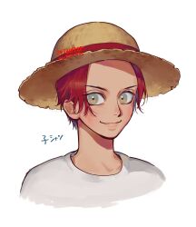 Rule 34 | 1boy, aged down, brown eyes, hat, hat ribbon, highres, light smile, looking at viewer, male focus, momoh jiyucho, one piece, portrait, red hair, red ribbon, ribbon, shanks (one piece), shirt, short hair, simple background, solo, straw hat, translation request, white background, white shirt