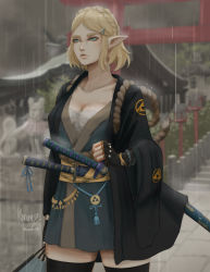Rule 34 | 1girl, absurdres, alternate costume, blonde hair, blue eyes, breasts, cleavage, crest, family crest, hand fan, highres, katana, kumanz, medium breasts, nintendo, obi, paper fan, parted lips, pointy ears, princess zelda, rain, sarashi, sash, short hair, shrine, solo, sword, the legend of zelda, the legend of zelda: breath of the wild, the legend of zelda: tears of the kingdom, thighhighs, thighs, torii, triforce, twitter username, weapon, wet, wide sleeves