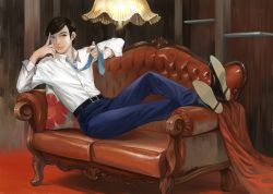Rule 34 | 1boy, arm support, asami you, black hair, brown eyes, brown upholstery, couch, crossed legs, dress shirt, full body, hand on own face, holding tie, interior, komikado kensuke, lamp, legal high, loose necktie, lying, male focus, necktie, on back, pants, pillow, realistic, shirt, shirt tucked in, shoes, sleeves rolled up, smile, socks, solo, swept bangs, tufted upholstery