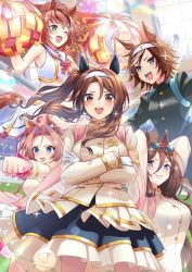 Rule 34 | 5girls, :d, ;d, absurdres, animal ears, armband, arms behind head, arms up, bamboo memory (deliver this feeling!) (umamusume), bamboo memory (umamusume), blue eyes, blue skirt, bow, brown hair, brown jacket, cheerleader, clenched hands, crop top, crossdressing, crossed arms, ear covers, ear ornament, ear ribbon, eyewear on head, frilled skirt, frills, gakuran, gloves, grin, hair between eyes, hair intakes, headband, high collar, highres, holding, holding pom poms, horse ears, horse girl, horse tail, jacket, jumping, kawakami princess (hurrah princess) (umamusume), kawakami princess (umamusume), king halo (noble white cheer attire) (umamusume), king halo (umamusume), layered skirt, long hair, long sleeves, looking at viewer, looking to the side, medium hair, medium skirt, miniskirt, multiple girls, nabe puyo, nice nature (run&amp;win) (umamusume), nice nature (umamusume), official alternate costume, one eye closed, open mouth, ouendan, outstretched arm, pink skirt, pleated skirt, pom pom (cheerleading), pom poms, ponytail, purple eyes, red-framed eyewear, sailor collar, school uniform, seeking the pearl (umamusume), seeking the pearl (yell that changed the world) (umamusume), shirt, short hair, skirt, sleeveless, sleeveless shirt, smile, sparkle, standing, sunglasses, tail, tasuki, twintails, umamusume, white gloves, white headband, white sailor collar, white shirt, white skirt, wind