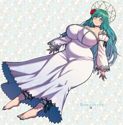 Rule 34 | 1girl, absurdres, bare shoulders, barefoot, breasts, choker, commentary, detached sleeves, dress, english commentary, feet, flower, full body, green eyes, green hair, hair flower, hair ornament, highres, huge breasts, indie virtual youtuber, koopa fortuna, long dress, long hair, looking at viewer, nail polish, plump, solo, strapless, strapless dress, synecdoche, tight clothes, tight dress, toenail polish, toenails, virtual youtuber, white dress