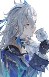 Rule 34 | 1boy, ascot, black gloves, blue hair, chalice, coat, cup, genshin impact, gloves, grey hair, hair between eyes, highres, holding, holding cup, long hair, long sleeves, male focus, neuvillette (genshin impact), pointy ears, purple eyes, simple background, solo, upper body, white ascot, white background, zaso