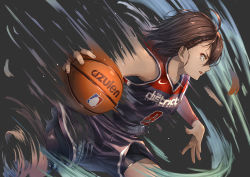 Rule 34 | 1girl, ahoge, azur lane, ball, baltimore (azur lane), bare shoulders, basketball, basketball (object), basketball uniform, bike shorts, bike shorts pull, black background, black shirt, black shorts, braid, brown hair, clothes writing, commentary request, cowboy shot, dribbling (basketball), french braid, hair between eyes, holding, holding ball, national basketball association, nike (company), open mouth, playing sports, shirt, short hair, shorts, sidelocks, sideways mouth, simple background, sleeveless, sleeveless shirt, solo, sportswear, standing, sweat, yakkuro, yellow eyes