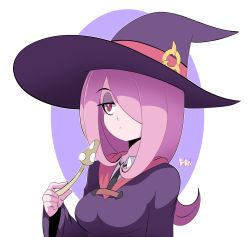 Rule 34 | 1girl, bigdead, black necktie, hair over one eye, half-closed eyes, hat, highres, little witch academia, long hair, looking at viewer, mushroom, necktie, one eye covered, outline, purple eyes, purple hair, solo, sucy manbavaran, white outline, witch, witch hat