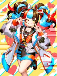Rule 34 | 1girl, ;q, bag, black nails, black sailor collar, blue hair, brown hair, choker, cowboy shot, double w, fate/grand order, fate (series), green eyes, hair ornament, hair ribbon, handbag, heart, highres, jacket, kuzushima, long sleeves, looking at viewer, multicolored hair, one eye closed, red footwear, red hair, ribbon, sailor collar, sei shounagon (fate), smile, solo, standing, standing on one leg, sunglasses, tongue, tongue out, twintails, w, white jacket