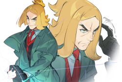 1boy black_eyebrows black_gloves blonde_hair capelet collared_shirt creatures_(company) ekka_(chrysalis) formal game_freak gloves green_suit hassel_(pokemon) high_ponytail highres holding holding_poke_ball male_focus necktie nintendo poke_ball pokemon pokemon_sv red_necktie shirt short_ponytail smirk suit sweater_vest tapping_finger terastallization thick_eyebrows white_background white_shirt yellow_eyes yo2gi_mmm