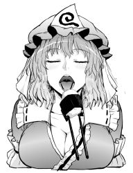 Rule 34 | 1girl, blush, breasts, chopsticks, cleavage, commentary request, closed eyes, facing viewer, fed by viewer, feeding, greyscale, hat, itou yuuji, large breasts, monochrome, open mouth, oral invitation, rice, saigyouji yuyuko, sexually suggestive, short hair, simple background, solo, touhou, triangular headpiece, upper body, uvula, white background