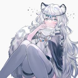 Rule 34 | 1girl, animal ears, arknights, bad id, bad pixiv id, bead necklace, beads, black cape, blush, braid, cape, commentary, dress, feet out of frame, grey background, grey eyes, grey thighhighs, hand up, head chain, highres, jewelry, knees together feet apart, knees up, leopard ears, leopard tail, long hair, looking at viewer, necklace, pramanix (arknights), seia (tikxxx), silver hair, simple background, sitting, solo, tail, thighhighs, twin braids, very long hair, white dress