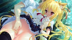 Rule 34 | 1girl, animal ears, blonde hair, blush, grabbing another&#039;s breast, breasts, censored, clothes lift, fang, fingering, forest, fox ears, game cg, grabbing, karin amagi, long hair, magical marriage lunatics!!, moonstone, nature, open mouth, red eyes, skirt, skirt lift, thighhighs, tree, yamakaze ran