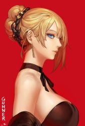 Rule 34 | 1girl, absurdres, bare shoulders, black dress, black gloves, black ribbon, blue eyes, braid, breasts, choker, closed mouth, commentary, dress, dungeon and fighter, earrings, elbow gloves, from side, gloves, gunner (dungeon and fighter), hair bun, highres, jewelry, large breasts, looking at viewer, looking to the side, monaim, neck ribbon, pink lips, profile, red background, ribbon, simple background, single hair bun, smile, solo