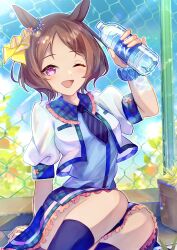 Rule 34 | 1girl, absurdres, alternate costume, animal ears, arm support, arm up, black socks, blue shirt, blue skirt, blush, bottle, breasts, brown hair, chain-link fence, cropped jacket, day, feet out of frame, fence, highres, holding, holding bottle, horse ears, jacket, kneehighs, mizuku, necktie, one eye closed, open mouth, outdoors, plaid, plaid skirt, plant, potted plant, purple eyes, sakura laurel (umamusume), scrunchie, shirt, short hair, short sleeves, sitting, skirt, small breasts, smi, socks, solo, striped necktie, umamusume, water bottle, white jacket, wrist scrunchie