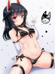 Rule 34 | 1girl, agatsuma kaede, alice gear aegis, animal ears, arm behind back, bikini, black bikini, black eyes, black hair, breasts, choker, closed mouth, doyouwantto, elbow gloves, fake animal ears, fox shadow puppet, front-tie bikini top, front-tie top, gloves, gradient background, heart, looking at viewer, medium breasts, navel, skindentation, solo, stomach, striped bikini, striped clothes, swimsuit, thighhighs, white gloves, white thighhighs