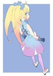 Rule 34 | 1girl, absurdres, bad id, bad twitter id, bare shoulders, blonde hair, blue background, blue bow, blue dress, blue eyes, blue gloves, blush, border, bow, closed mouth, copyright request, donguri suzume, dress, dutch angle, from behind, gloves, gradient dress, hair bow, high heels, highres, leggings, looking at viewer, looking back, pink dress, pink leggings, sideways glance, simple background, solo, star-shaped pupils, star (symbol), symbol-shaped pupils, twintails, virtual youtuber, white border