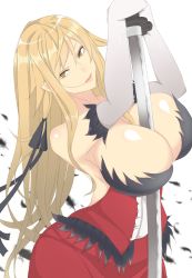 Rule 34 | 1girl, aizawa marimo, bare shoulders, between breasts, black ribbon, blonde hair, breasts, cleavage, cowboy shot, dress, elbow gloves, feather trim, feathers, gloves, hair ribbon, highres, huge breasts, katana, kiss-shot acerola-orion heart-under-blade, kizumonogatari, lips, long hair, looking at viewer, monogatari (series), oshino shinobu, parted lips, pointy ears, red dress, ribbon, solo, strapless, strapless dress, sword, weapon, white background, white gloves, yellow eyes