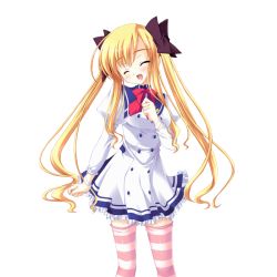 Rule 34 | 1girl, blonde hair, closed eyes, female focus, non-web source, school uniform, serafuku, solo, standing, striped clothes, striped thighhighs, thighhighs, transparent background, twintails
