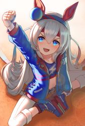 Rule 34 | 1girl, :d, animal ears, ankle grab, arm up, blue eyes, blue footwear, blue hairband, blue jacket, blue shirt, blush, clenched hand, collarbone, commentary request, crop top, fang, fingerless gloves, gloves, grey hair, hair between eyes, hairband, highres, horse ears, horse girl, horse tail, jacket, long hair, long sleeves, looking at viewer, midriff, navel, open clothes, open jacket, open mouth, pants, puffy long sleeves, puffy sleeves, revision, shirt, shoes, smile, solo, tail, tamamo cross (umamusume), umamusume, v-shaped eyebrows, very long hair, white gloves, white pants, yoka1chi