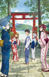 Rule 34 | 2boys, 3girls, absurdres, ayanami rei, blue eyes, blue sky, breasts, brown hair, day, feet, flower, flower on head, forest, full body, glasses, hair ornament, hairband, highres, holding, holding umbrella, ikari shinji, japanese clothes, kimono, long hair, looking at viewer, looking back, low twintails, makinami mari illustrious, medium breasts, multiple boys, multiple girls, nagisa kaworu, nature, neon genesis evangelion, official art, open mouth, rebuild of evangelion, red eyes, sandals, short hair, sky, smile, souryuu asuka langley, twintails, two side up, umbrella