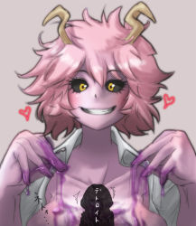 Rule 34 | 10s, 1girl, ashido mina, black sclera, blush, boku no hero academia, breasts, collarbone, colored sclera, colored skin, grin, heart, horns, looking at viewer, open clothes, open shirt, out-of-frame censoring, pink hair, purple background, purple skin, sexually suggestive, shirt, short hair, silhouette, simple background, slime (substance), smile, solo, suggestive fluid, teeth, tzw999, yellow eyes