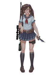 Rule 34 | 1girl, absurdres, belt, black socks, blue skirt, brown eyes, brown footwear, brown hair, candy, food, full body, glasses, gun, highres, holding, holding knife, holding weapon, kneehighs, knife, lollipop, long hair, looking at viewer, original, parted lips, pleated skirt, pouch, red-framed eyewear, red neckwear, school uniform, serafuku, shoes, simple background, skirt, socks, solo, standing, thigh pouch, twintails, weapon, white background, xue qi ye (dndtmbdue)