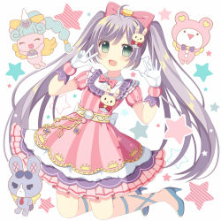Rule 34 | 1girl, :d, ahoge, ankle lace-up, blue footwear, blush, bow, chain, cross-laced footwear, dress, frills, full body, gloves, green eyes, hair bow, hair ornament, heart, high heels, kuma (pripara), layered dress, long hair, looking at viewer, manaka laala, no socks, open mouth, pink bow, pretty series, pripara, purple hair, rabbit hair ornament, riria (happy strawberry), shoes, short sleeves, smile, solo, star (symbol), starry background, striped clothes, striped dress, twintails, unicorn (pripara), usagi (pripara), vertical-striped clothes, vertical-striped dress, w