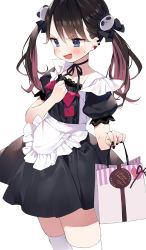 Rule 34 | 1girl, :d, apron, bag, black bow, black choker, black dress, black nails, black ribbon, blue eyes, blush, bow, brown hair, choker, copyright request, cowboy shot, dress, earclip, earrings, embarrassed, fingernails, gaou (umaiyo puyoman), hair bow, hair ornament, heart, heart earrings, highres, holding, jewelry, looking away, maid, maid apron, multicolored hair, nail polish, neck ribbon, nervous smile, open mouth, panda hair ornament, paper bag, puffy short sleeves, puffy sleeves, ribbon, ribbon choker, short sleeves, simple background, skindentation, smile, solo, streaked hair, sweatdrop, thighhighs, twintails, two-tone hair, v-shaped eyebrows, waist apron, white apron, white background, white thighhighs