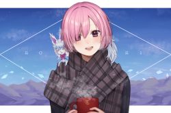 Rule 34 | 1girl, 2021, animal, animal on shoulder, black jacket, black scarf, blush, breasts, commentary request, cup, fate/grand order, fate (series), fou (fate), hair over one eye, holding, holding cup, jacket, large breasts, long sleeves, looking at viewer, mash kyrielight, mash kyrielight (chaldea teatime), nerua, official alternate costume, open mouth, pink hair, plaid, plaid scarf, portrait, purple eyes, scarf, short hair, smile, steam, teeth, upper teeth only