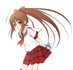 Rule 34 | 1girl, arms behind back, bell, black socks, blue ribbon, blush, brown eyes, brown hair, closed mouth, commentary request, feet out of frame, hair ribbon, haryuu (poetto), high ponytail, highres, jingle bell, kneehighs, leaning forward, long hair, neckerchief, original, plaid, plaid skirt, pleated skirt, ponytail, red neckerchief, red ribbon, red skirt, ribbon, sailor collar, school uniform, serafuku, shirt, simple background, skirt, smile, socks, solo, standing, very long hair, white background, white sailor collar, white shirt