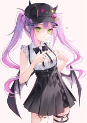 Rule 34 | 1girl, aid!, baseball cap, bat wings, black bow, black bowtie, black hat, black wings, bow, bowtie, colored inner hair, earrings, green eyes, grey background, hair ornament, hairclip, hat, heart, highres, hololive, horns, jewelry, leg strap, long hair, looking at viewer, multicolored hair, o-ring, o-ring thigh strap, pink hair, purple hair, sidelocks, simple background, sleeveless, solo, standing, tattoo, thigh strap, tokoyami towa, twintails, virtual youtuber, wings
