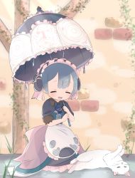 Rule 34 | 1boy, apron, blue hair, blush, cat, child, closed eyes, grass, highres, made in abyss, maruruk, open mouth, shadow, short hair, short sleeves, smile, solo, trap, uis0, umbrella, whistle, whistle around neck, white cat