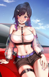 Rule 34 | 1girl, bare shoulders, belt, black hair, black shorts, blue sky, blush, breasts, car, cleavage, collarbone, earrings, ferrari, foxyreine, grin, hair ornament, hairclip, highleg, highres, jewelry, large breasts, long hair, long sleeves, looking at viewer, midriff, motor vehicle, navel, off-shoulder shirt, off shoulder, original, ponytail, purple eyes, see-through, shirt, shorts, sky, smile, solo, swept bangs, thigh strap, thighs