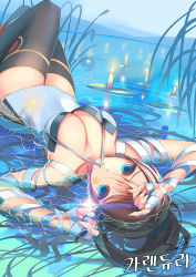 Rule 34 | 1girl, bandages, black hair, black thighhighs, blue eyes, breasts, candle, character request, cleavage, dress, facial mark, female focus, korean text, large breasts, lily pad, long hair, looking at viewer, lying, maplestory, maplestory 2, mouth hold, on back, outdoors, partially submerged, plant, ponytail, short dress, skindentation, sky, slumcat, solo, star tattoo, tattoo, thighhighs, upside-down, water, white dress, zettai ryouiki