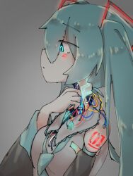 Rule 34 | 1girl, android, aqua eyes, aqua hair, aqua necktie, black sleeves, closed mouth, collared shirt, commentary request, damaged, detached sleeves, facial tattoo, grey background, hand up, hatsune miku, long sleeves, mechanical parts, myon x, necktie, number tattoo, profile, shirt, shoulder tattoo, sidelocks, simple background, sleeveless, sleeveless shirt, solo, tattoo, twintails, vocaloid, white shirt