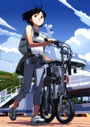 Rule 34 | 1girl, backpack, bag, bare shoulders, bicycle, black eyes, black hair, blue sky, capri pants, clothes around waist, day, from below, highres, no socks, original, pants, scan, ship, shirt, shoes, short hair, sky, smile, sneakers, solo, striped clothes, striped shirt, sweater, sweater around waist, takamichi, watercraft