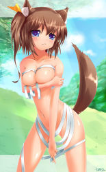 Rule 34 | 1girl, animal ears, bandages, blue eyes, breast hold, breasts, brown hair, covering privates, fang, highres, kantarou (nurumayutei), looking at viewer, naked bandage, navel, nude, original, shiny skin, short hair, solo, tail, two side up, wolf ears, wolf tail