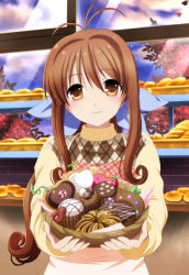 Rule 34 | 1girl, absurdres, antenna hair, argyle, argyle clothes, argyle sweater, artist request, bread, brown eyes, brown hair, clannad, commentary request, cupcake, doughnut, food, furukawa sanae, hair ribbon, highres, long hair, looking at viewer, mature female, ponytail, ribbon, solo, sweater, upper body