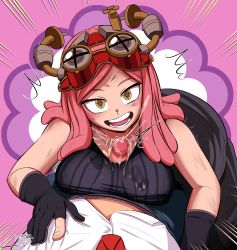 Rule 34 | 1boy, 1girl, absurdres, bare shoulders, blush, boku no hero academia, breasts, cabronpr, censored, cum, ejaculation, fingerless gloves, gloves, goggles, goggles on head, hatsume mei, hetero, highres, large breasts, long hair, looking at viewer, lying, on stomach, open mouth, paizuri, penis, pink background, pink hair, school uniform, smile, tank top, teeth, tongue, unusual pupils, yellow eyes