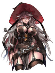 Rule 34 | 10s, 1girl, arms at sides, bare shoulders, belt, between breasts, black thighhighs, breasts, cape, curvy, detached sleeves, from below, garter straps, granblue fantasy, hair between eyes, hat, highres, kumiko shiba, large breasts, long hair, looking at viewer, magisa (granblue fantasy), pelvic curtain, red eyes, shade, silver hair, simple background, smile, solo, thighhighs, white background, wide hips, witch hat
