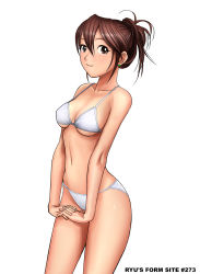 Rule 34 | 1girl, bikini, breasts, brown eyes, brown hair, cleavage, cowboy shot, interlocked fingers, large breasts, own hands together, ryu (ryu&#039;s form site), simple background, skinny, slender, solo, swimsuit, white background, white bikini