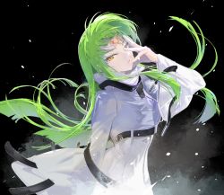 Rule 34 | 1girl, black background, c.c., code geass, cofffee, facial mark, forehead mark, glowing, green hair, light green hair, long hair, long sleeves, looking at viewer, low-tied long hair, parted lips, smoke, solo, wide sleeves, wind, yellow eyes