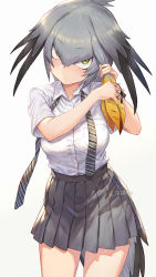 Rule 34 | 1girl, adjusting hair, bird tail, bird wings, blush, breast pocket, breasts, closed mouth, collared shirt, commentary request, green eyes, grey hair, grey skirt, guchico, hair between eyes, hair intakes, head wings, kemono friends, legs apart, looking at viewer, low ponytail, multicolored hair, necktie, pleated skirt, pocket, ponytail, shirt, shoebill (kemono friends), short sleeves, side ponytail, signature, simple background, skirt, solo, standing, staring, tail, white shirt, wings