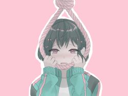 Rule 34 | 1girl, aqua jacket, backpack, bag, black hair, bow, cevio, crying, crying with eyes open, flower, hair bow, hair flower, hair ornament, hairpin, highres, holding, holding rope, imminent suicide, jacket, kurari-chan (iyowa), kyu-kurarin (cevio), monaka (user 98511796), multiple hairpins, noose, open mouth, outline, pink background, pink eyes, rope, solo, tears, track jacket, wavy mouth, white outline