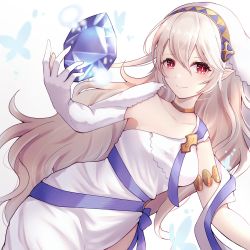Rule 34 | 1girl, absurdres, breasts, cleavage, corrin (female) (fire emblem), corrin (fire emblem), dress, fire emblem, fire emblem fates, hair between eyes, hair ornament, hairband, highres, jewelry, long hair, long sleeves, looking at viewer, nintendo, pointy ears, red eyes, reia hana, simple background, single-shoulder dress, smile, solo, white dress, white hair