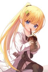 Rule 34 | 1girl, :d, black pantyhose, blonde hair, blue eyes, blush, brown shirt, brown skirt, candy, chocolate, chocolate bar, clover hair ornament, collared shirt, commentary request, cup, drinking straw, feet out of frame, flower girl (yuuhagi (amaretto-no-natsu)), food, four-leaf clover hair ornament, hair between eyes, hair ornament, hairclip, holding, holding cup, jacket, long hair, looking at viewer, open clothes, open jacket, open mouth, original, pantyhose, pleated skirt, ponytail, shirt, skirt, smile, solo, very long hair, white background, white jacket, x hair ornament, yuuhagi (amaretto-no-natsu)