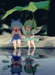 Rule 34 | 2girls, :d, absurdres, barefoot, blue bow, blue dress, blue hair, blurry, blurry background, bow, cirno, closed eyes, daiyousei, dress, eating, esthoric, food, fruit, green eyes, green hair, hair bow, highres, ice, ice wings, leaf, multiple girls, open mouth, pinafore dress, puffy short sleeves, puffy sleeves, ribbon, shade, shoes, short hair, short sleeves, sitting, sleeveless, sleeveless dress, smile, touhou, underwear, unworn shoes, watermelon, watermelon slice, wings, yellow bow