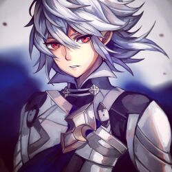 Rule 34 | 1boy, aokamei, armor, bishounen, blurry, blurry background, commentary, corrin (fire emblem), corrin (male) (fire emblem), english commentary, eyelashes, fire emblem, fire emblem fates, grey hair, hair between eyes, looking at viewer, male focus, nintendo, parted lips, red eyes, short hair, solo, upper body